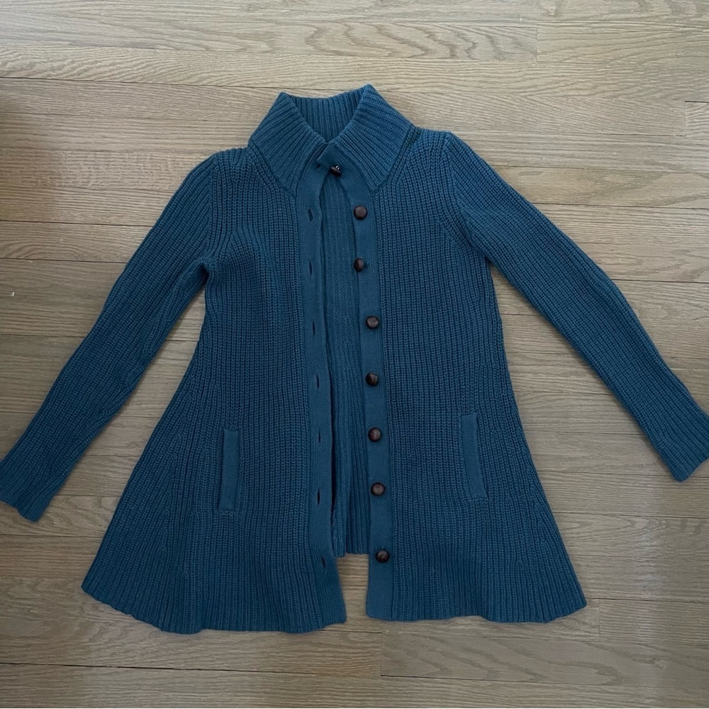 Theory Cashmere Angora Wool Blend Peplum Style Blue Ribbed Button Cardigan